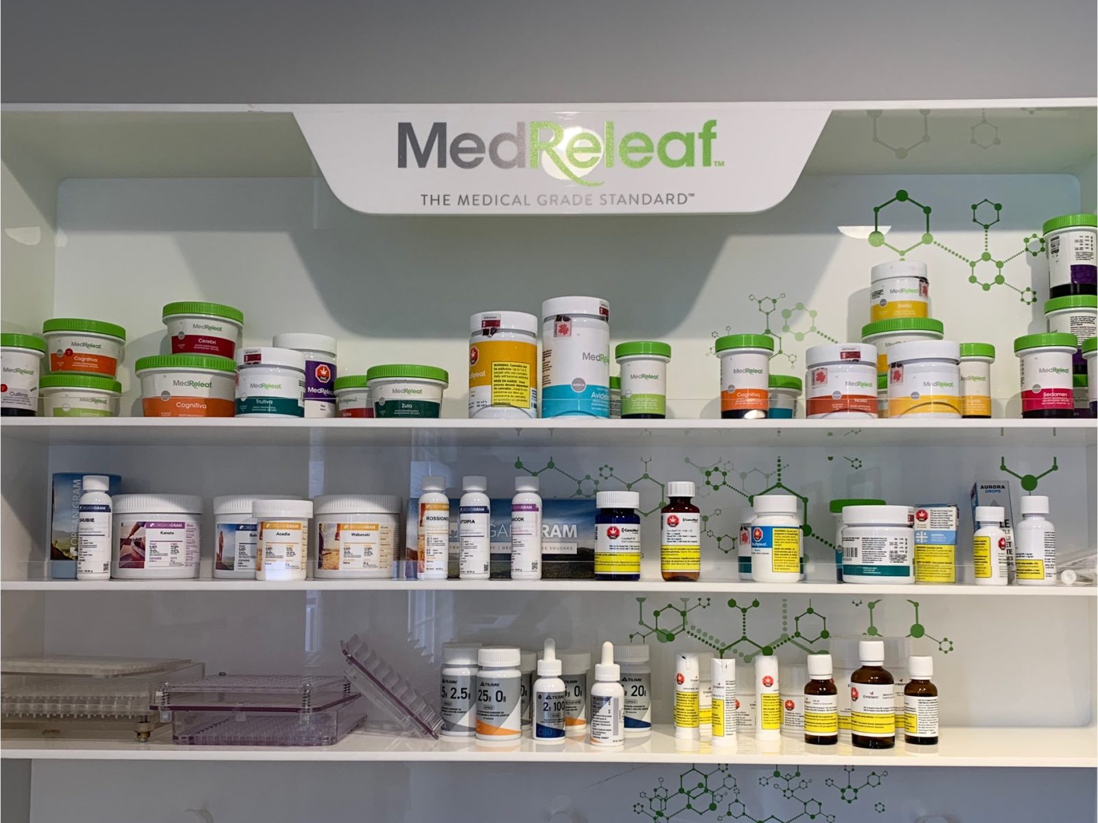 Medicine shelf with jars of cannabis products